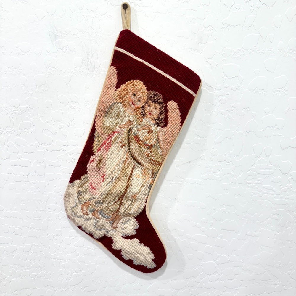 Vintage Imperial Elegance Needlepoint Christmas Stocking Angels Holiday Velvet